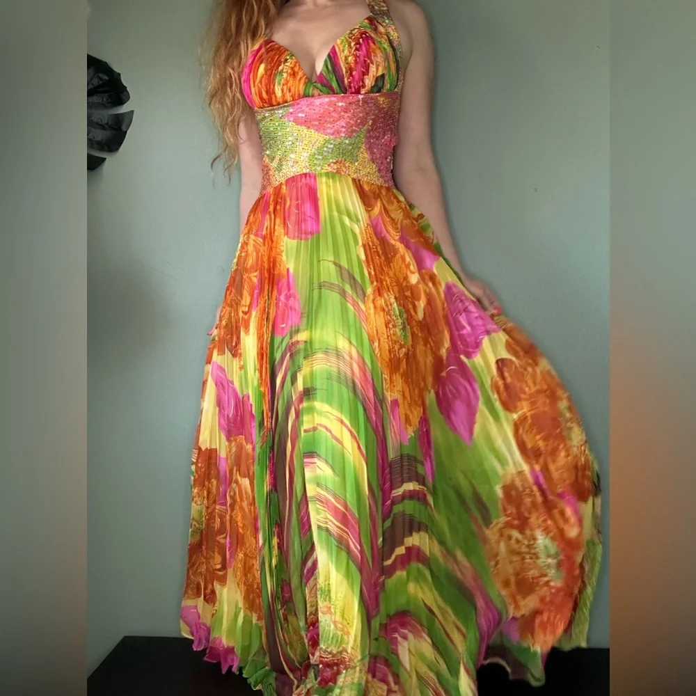 Tropical Floral Multi-Color Evening Gown Maxi Dress with Beading and Sequins - Picture 1 of 8